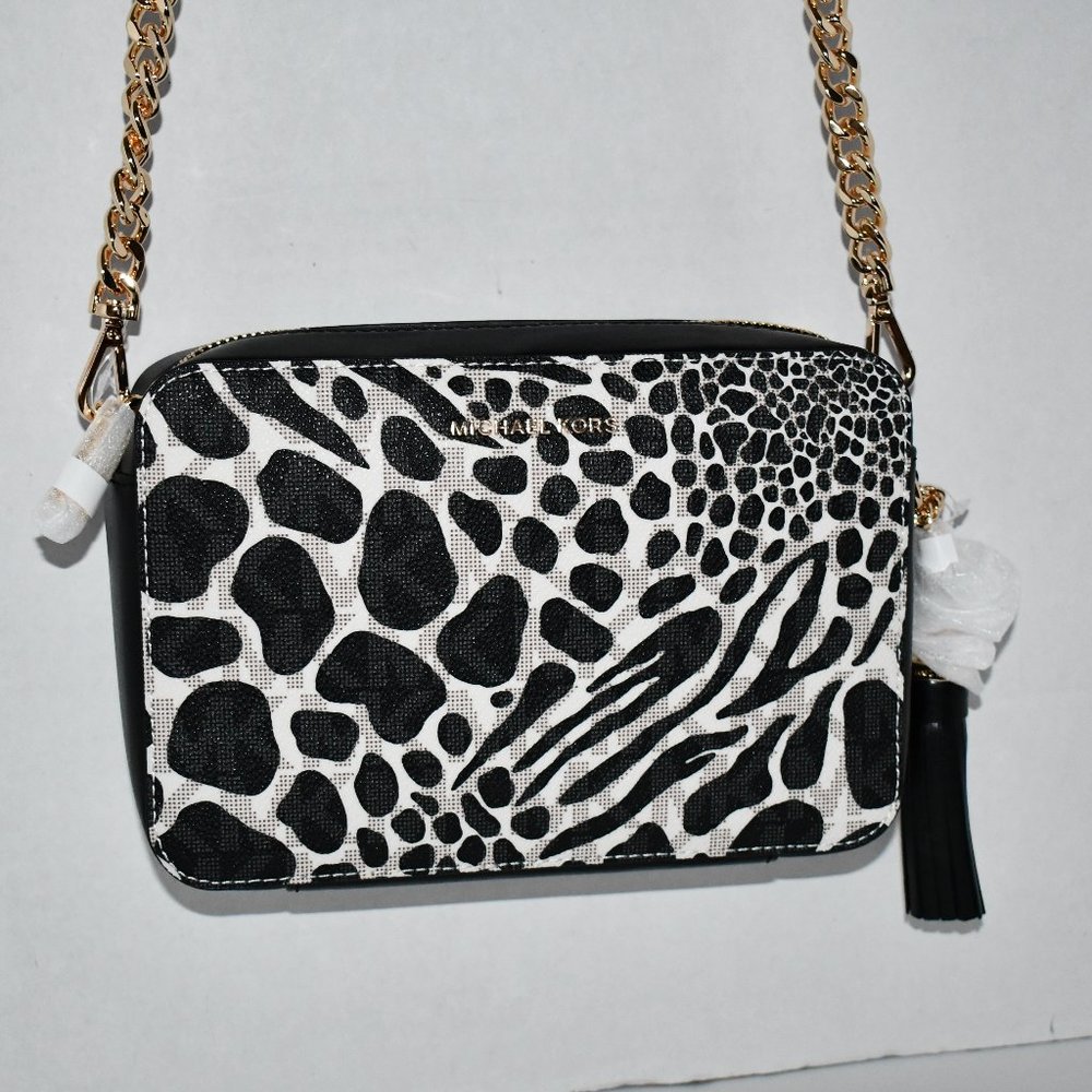 Michael Kors Logo Semi Lux Animal Print MEDIUM Camera Crossbody #32T2GJ6M2U NWT
